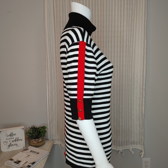 MARINA V PARIS STRIPED TURTLENECK SWEATER,BLACK/WHITE/RED T4 (Fits like M) - Picture 4 of 9